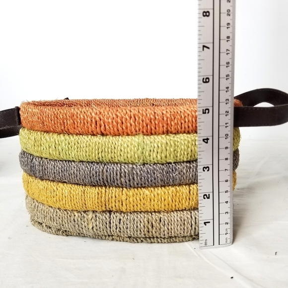 Unique Beautiful Earth Tone Multicolored Wooven Jute Basket with Leather Handles - Picture 9 of 11